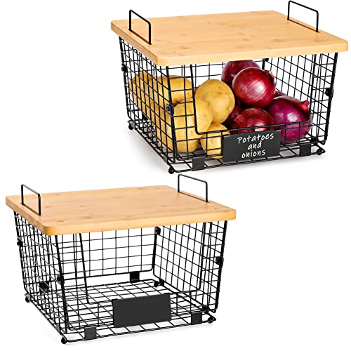 2 Set Stackable Wire Basket with Bamboo Top